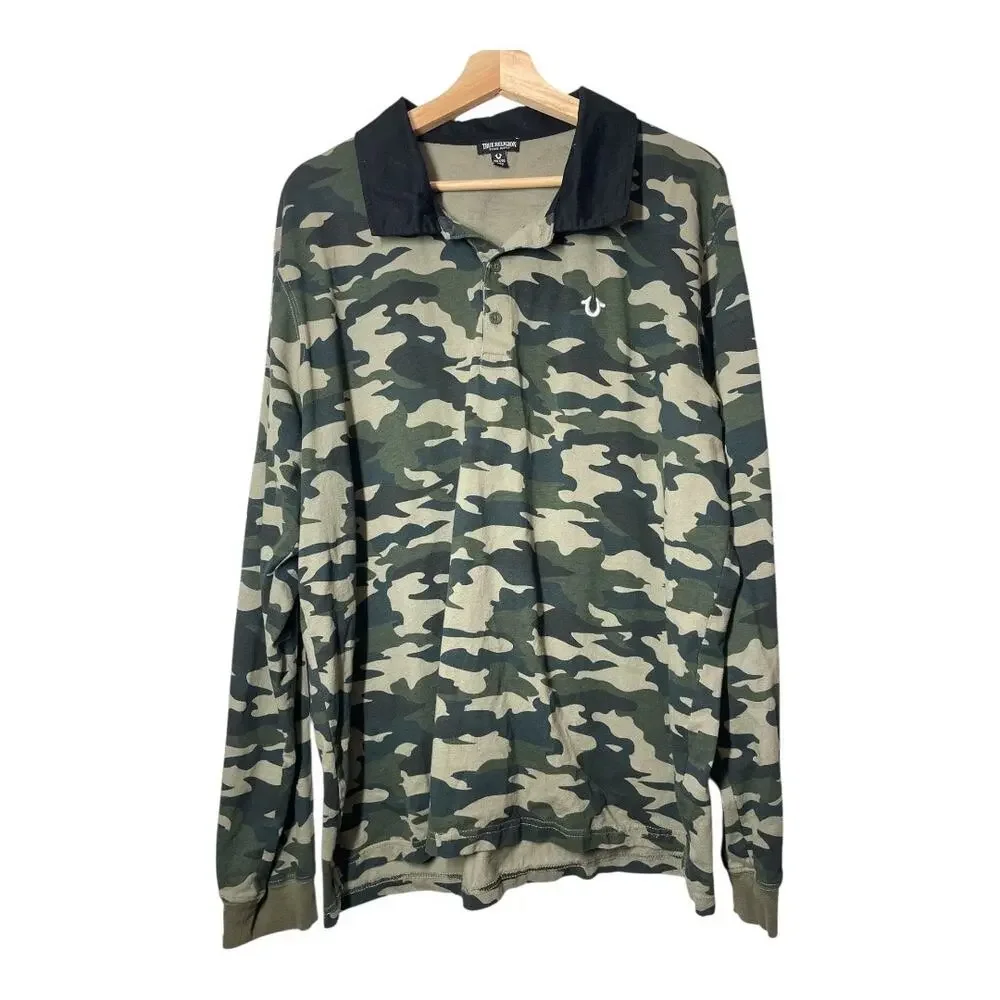 True Religion Long Sleeve Camouflage Shirt Polo Size 2XL Mens Camo XXL Green Blk